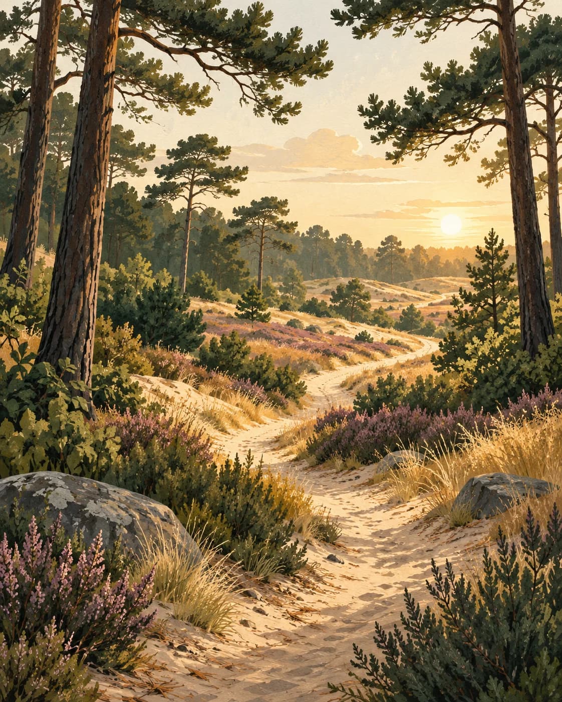 Een slingerend pad door bos en heide in warm ochtendlicht